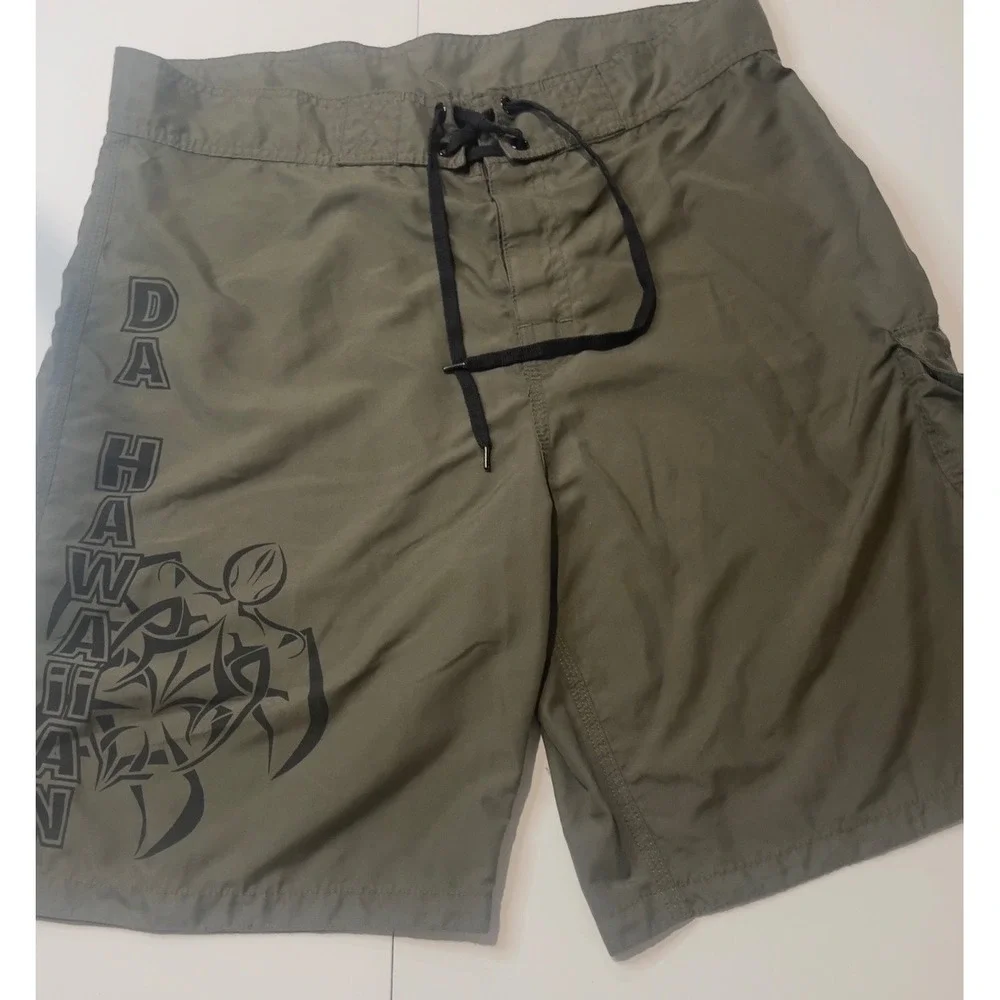 Da Hawaiian Mens Size 40 Board Shorts Olive Green Tribal Turtle Cargo Trunks